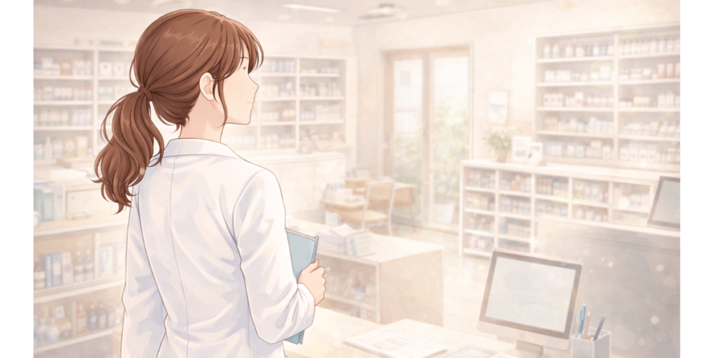 これからのキャリアや未来の働く環境をイメージしながら調剤室で見据える女性薬剤師のイラスト