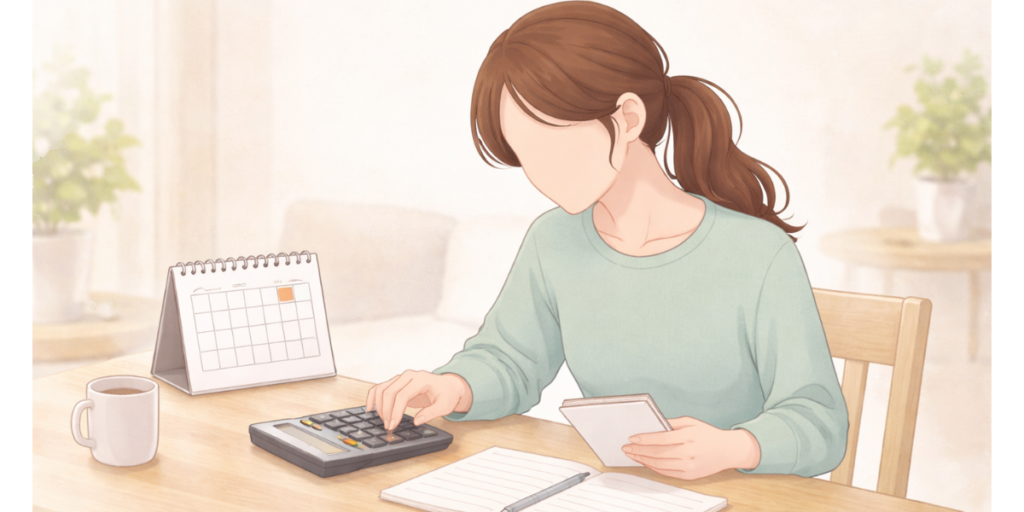 扶養内で働くパート薬剤師が電卓とカレンダーで時間数を計算している様子