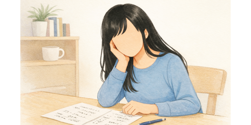 みなし残業や残業代の扱いに悩み、自宅で書類を見つめる女性のイラスト