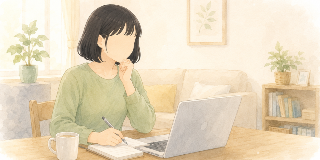休日にノートパソコンで単発薬剤師の副業について考える薬剤師の女性