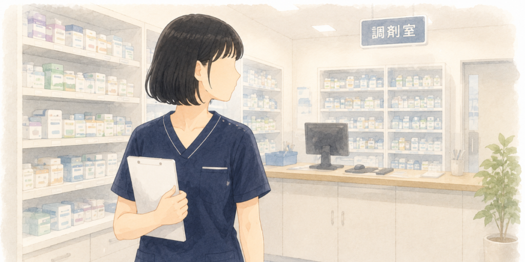 調剤室で慣れない薬局の雰囲気に戸惑う薬剤師の女性