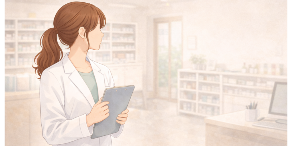 薬局内でクリップボードを持って考え込むパート薬剤師