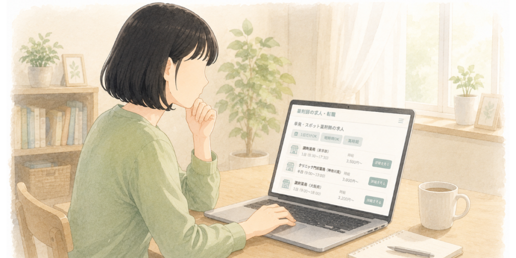 単発・スポット薬剤師の求人サイトをパソコンで眺める女性