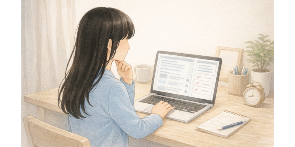 自宅でパソコンを使って薬局の条件を比較しながら情報収集する女性のイラスト