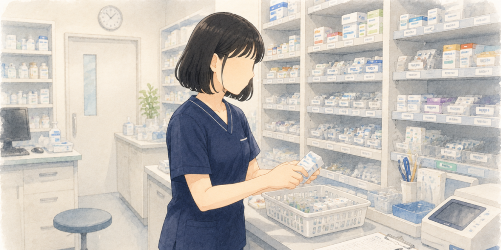 調剤室で薬を手に取りながら働く単発薬剤師の女性