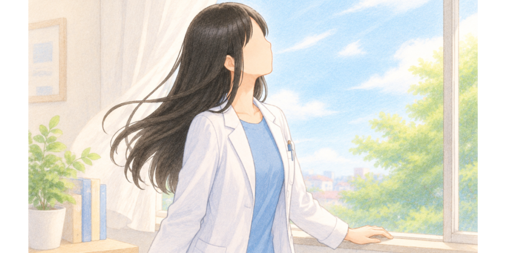 白衣姿の女性薬剤師が窓の外を見つめて晴れやかな気持ちで前を向くイラスト
