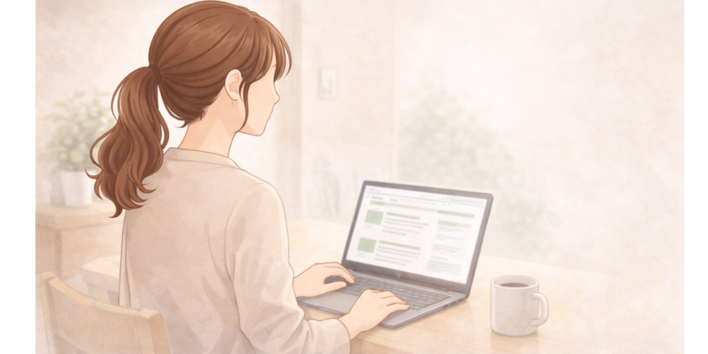 パート薬剤師がパソコンで求人情報を検索している様子