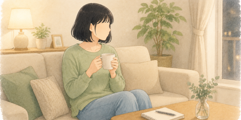 仕事終わりにくつろぎながら本業と副業のバランスを考える女性