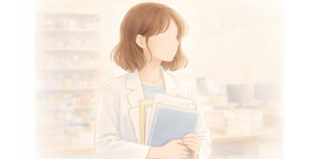 薬局で書類を抱えて立つ女性薬剤師のイラスト