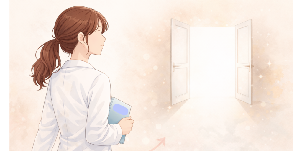 新しい扉に向かって歩き出す薬剤師のイラスト