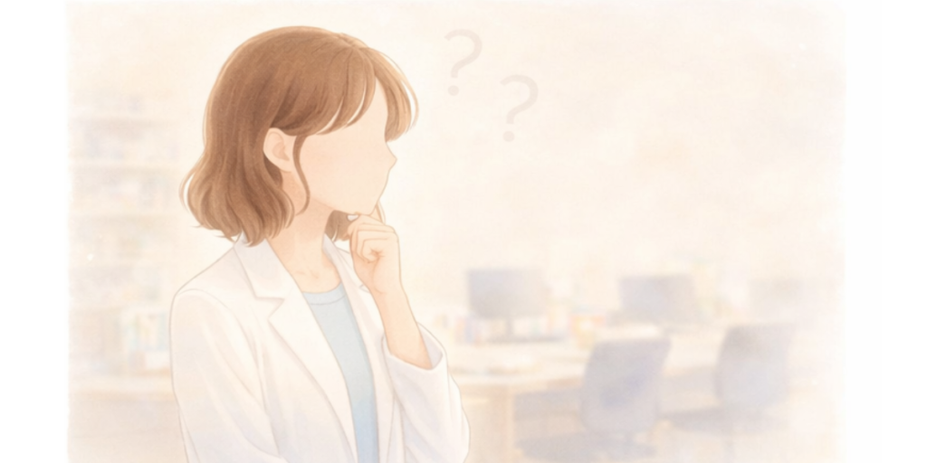 頭上にはてなマークが浮かぶ、考え込む女性薬剤師のイラスト