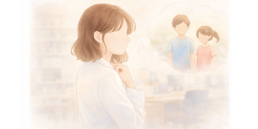 後ろに子どもたちがいる女性薬剤師のイラスト