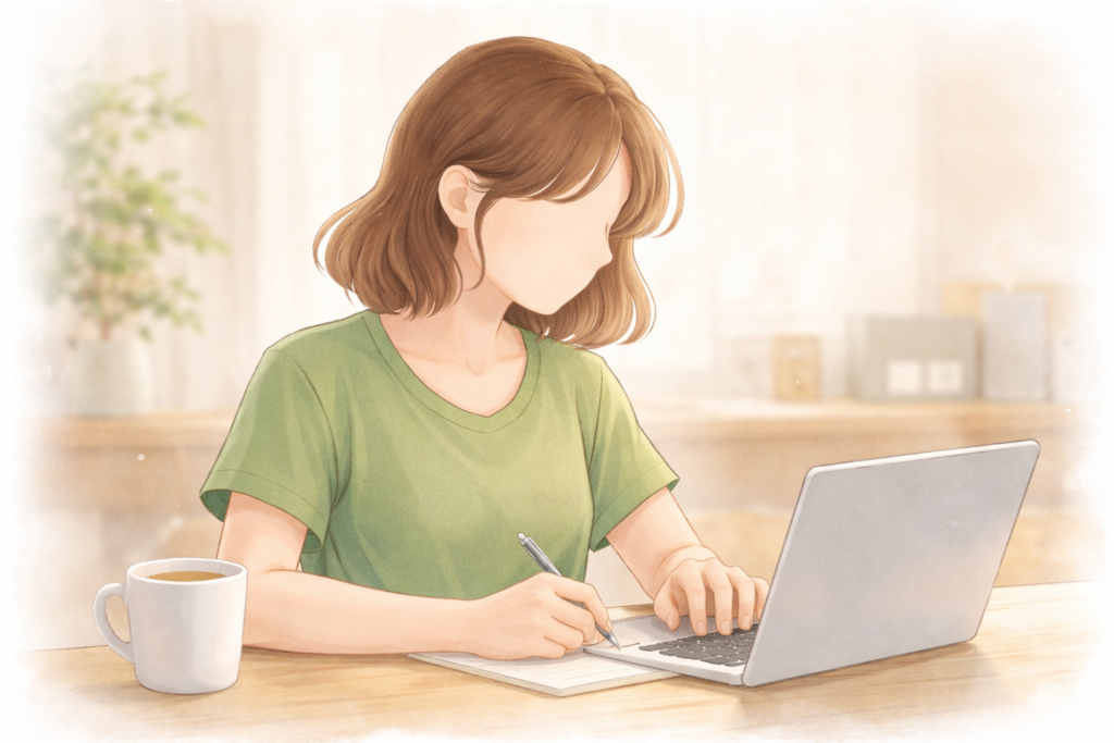 カフェでノートパソコンを開いて転職活動をする女性薬剤師のイラスト