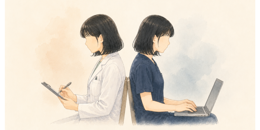 正社員とフリーランスの働き方の違いを表す背中合わせの二人の薬剤師の女性