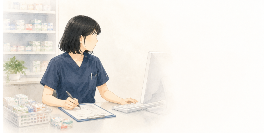一人で調剤の判断をしながら黙々と業務に向き合うスポット薬剤師の女性