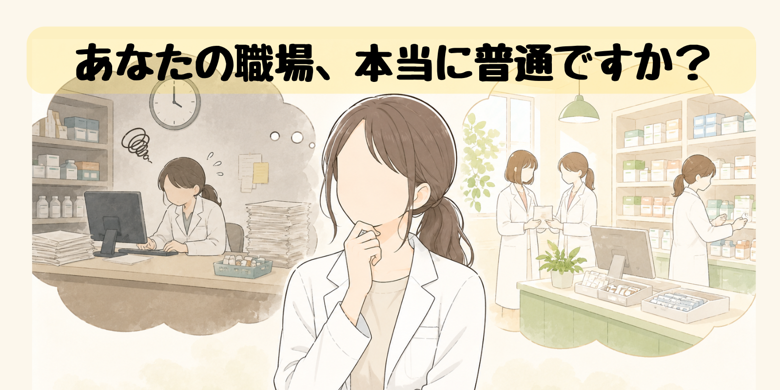 「うちの職場は普通?」と考え込む薬剤師のイラスト。忙しい薬局と落ち着いた薬局を思い浮かべて見比べている
