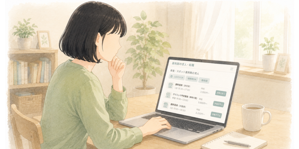 自宅で単発・スポット薬剤師の求人サイトを眺めて働き方を考える女性