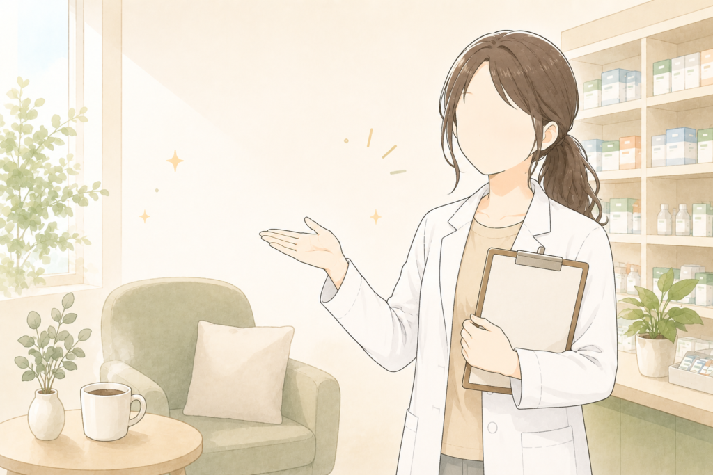 クリップボードを持って診断結果を案内する薬剤師のイラスト
