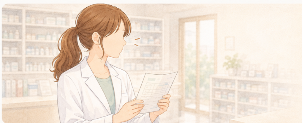給与明細を手に、時給について考える女性薬剤師のイラスト