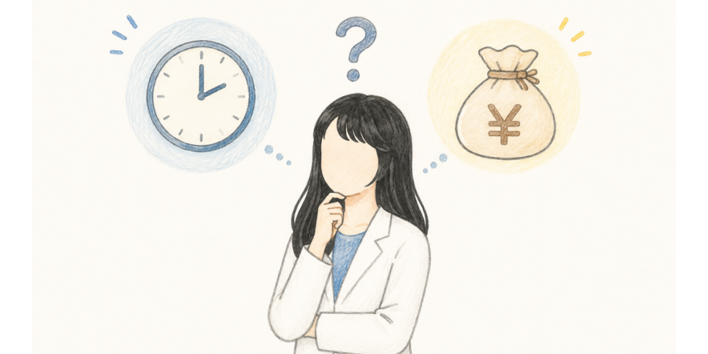 時計とお金を前に、みなし残業が損か得か迷う薬剤師のイラスト