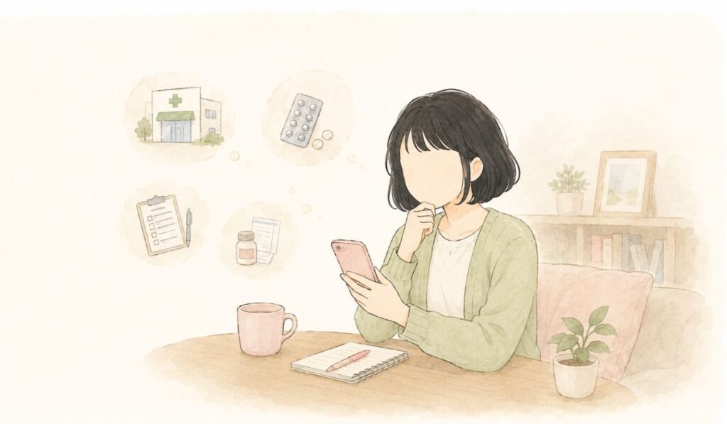 自宅でスマホを見ながら、薬局での働き方を考えている薬剤師のイラスト