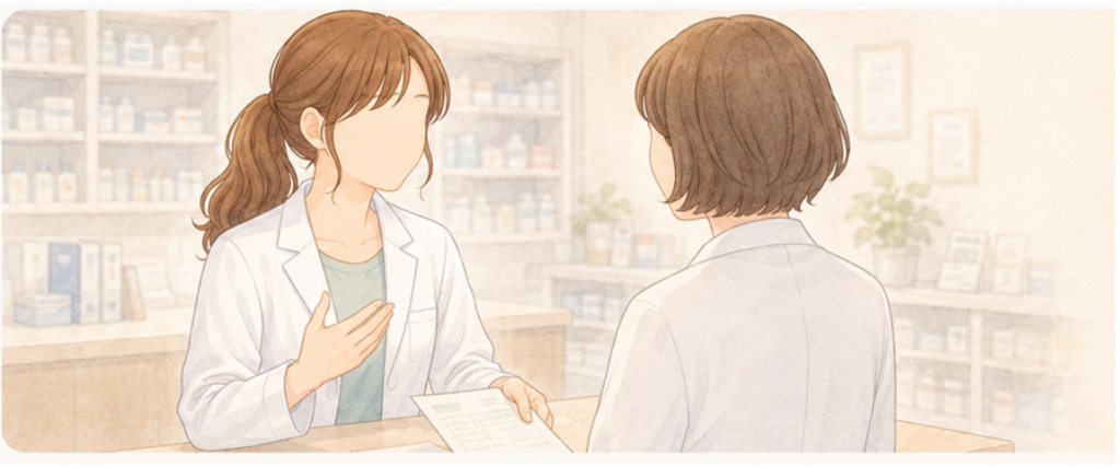 給与明細を前に、時給について上司に相談する女性薬剤師のイラスト