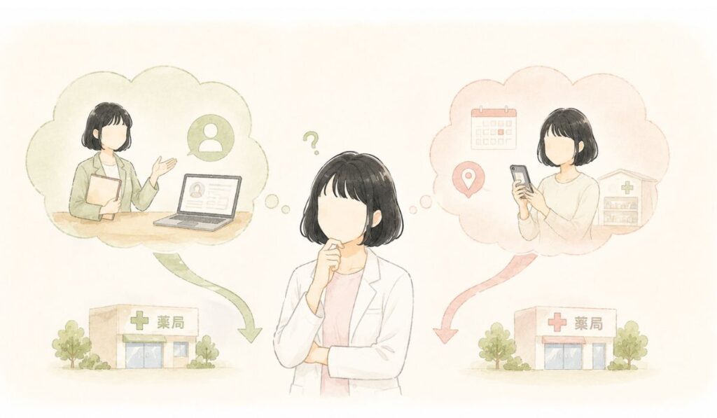 薬剤師が単発で働く2つの方法を比べるイラスト。左は派遣会社に登録して薬局へ行く方法、右はアプリで薬局と直接契約する方法