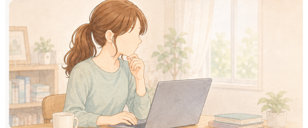 自宅のパソコンで副業や求人を調べる女性薬剤師のイラスト