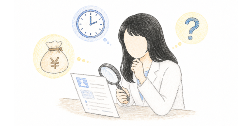 求人票を虫眼鏡で確かめる薬剤師のイラスト