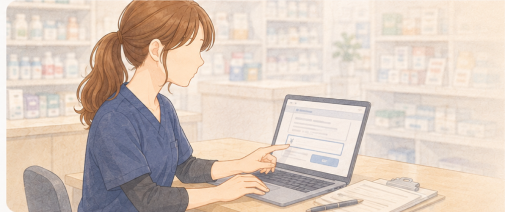 パソコンで求人の時給や条件を確認する女性薬剤師のイラスト