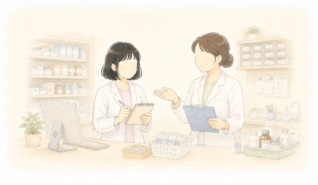 薬局のスタッフが、単発で来た薬剤師にその日の流れを説明している場面のイラスト