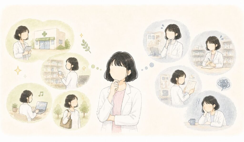 単発で働くことのいい面と大変な面を対比したイラスト。左は新しい発見や学び、右は緊張と疲れ