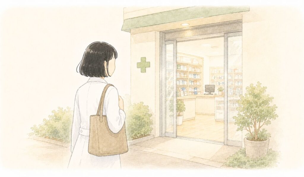 初めての薬局の入口の前に立っている薬剤師の後ろ姿のイラスト