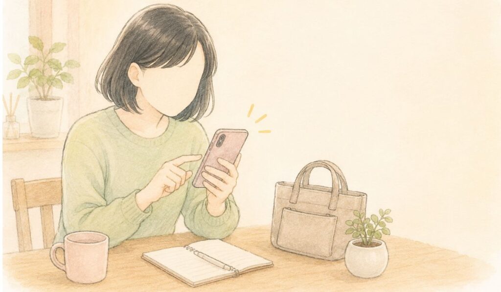 自宅でスマホを使って、単発の求人を探している薬剤師のイラスト