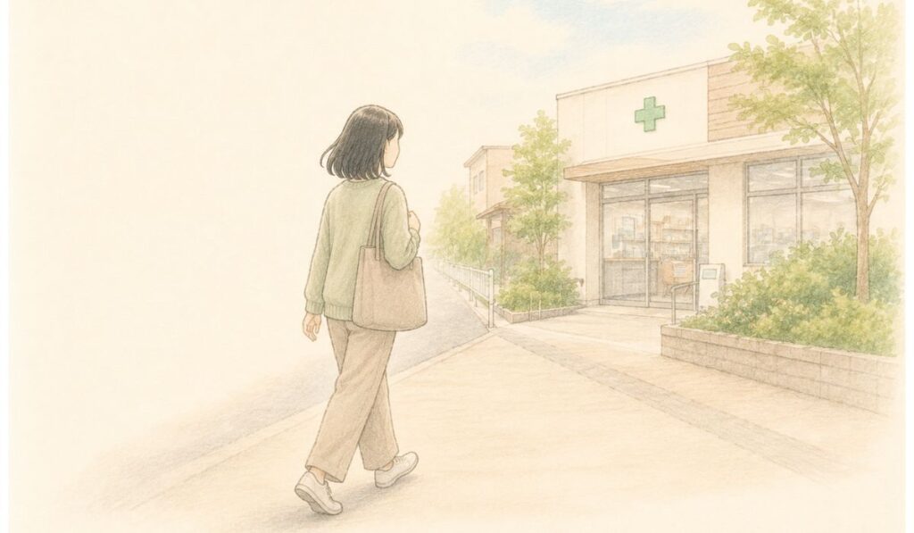 トートバッグを持って、薬局へ向かって歩いている薬剤師の後ろ姿のイラスト