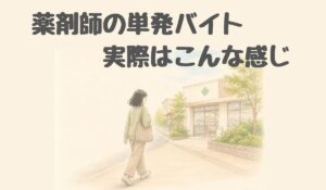 「薬剤師の単発バイト 実際はこんな感じ」と書かれたアイキャッチ画像。薬局へ向かって歩く薬剤師の後ろ姿